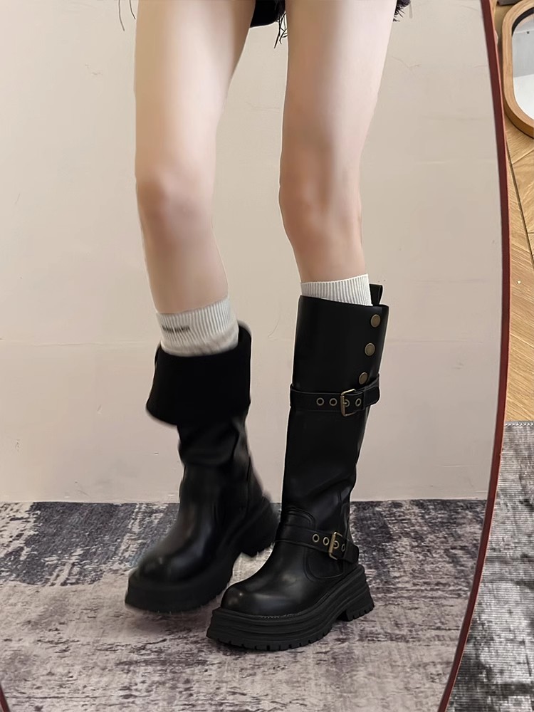ブーツ 折り返しデザイン厚底ロングブーツ