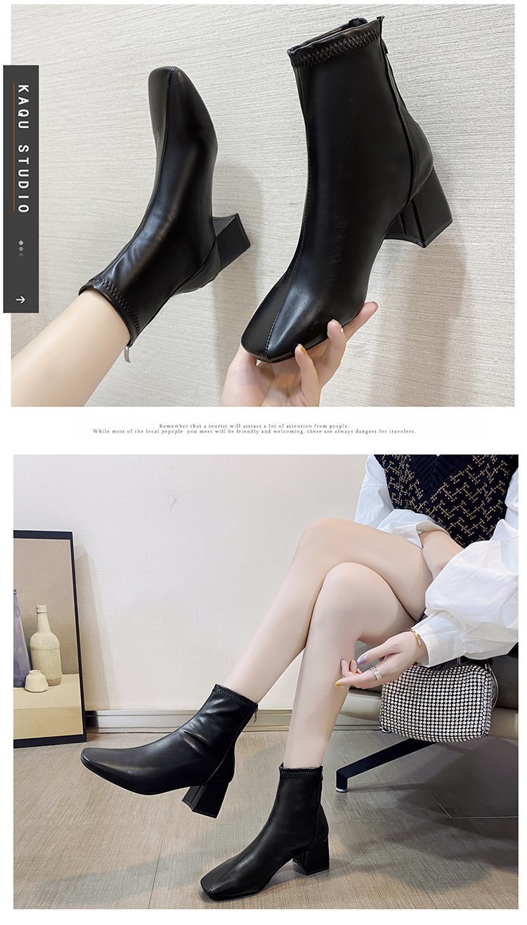 定番人気ショートブーツ太ヒール6センチ黒白