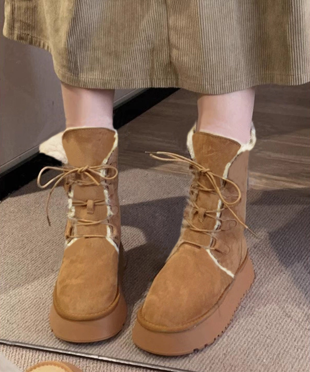 裏起毛ムートンブーツ 厚底レースアップ 防寒ブーツ