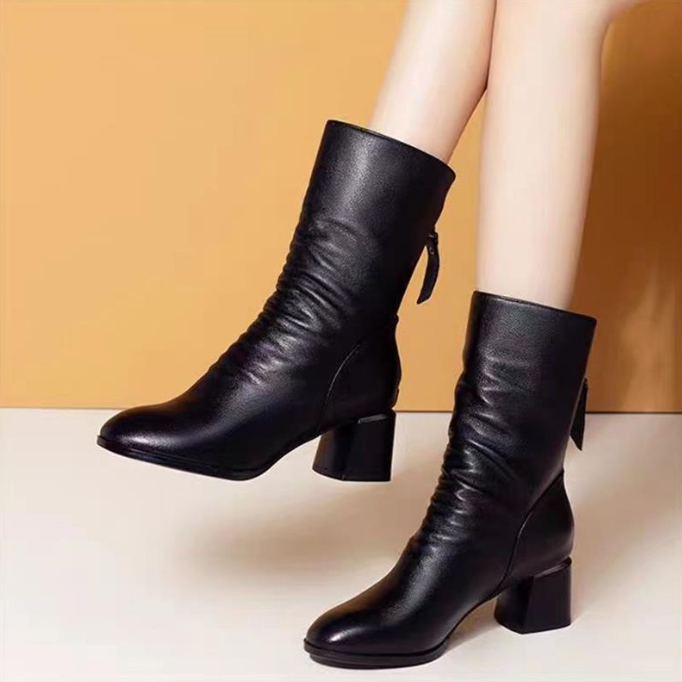 秋冬裏起毛チャンキーヒール黒ショートブーツ