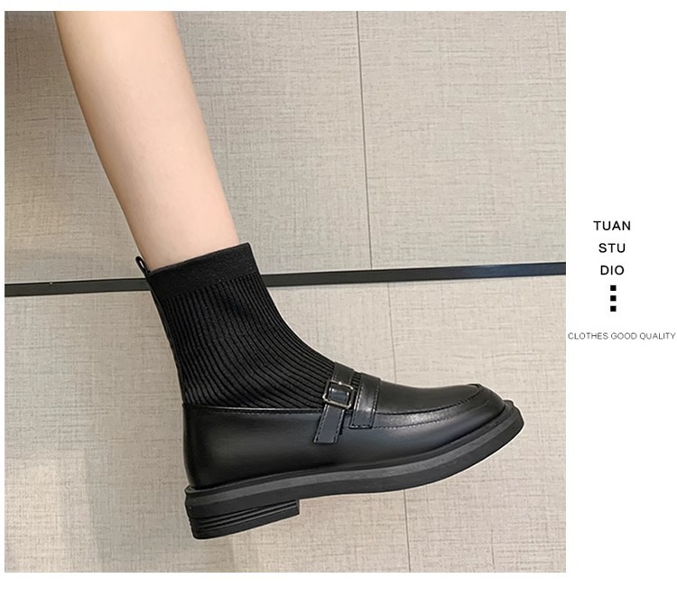 レディース ニット ソックスブーツ 黒 ベルト付き ローヒール