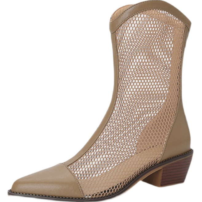 レディース 夏用メッシュブーツ チャンキーヒール 透け感デザイン