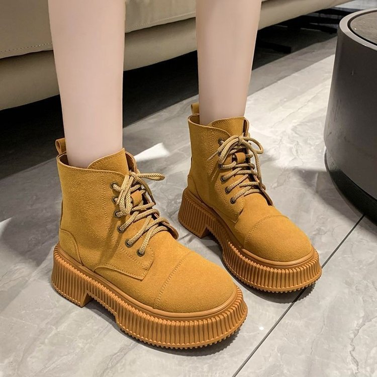 レディース厚底レースアップブーツ秋冬黄色