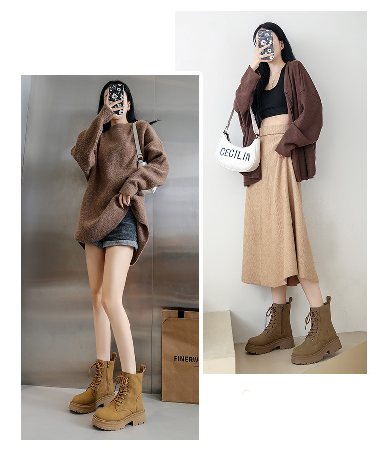 レディース編み上げブーツ秋冬定番カーキ黒茶色