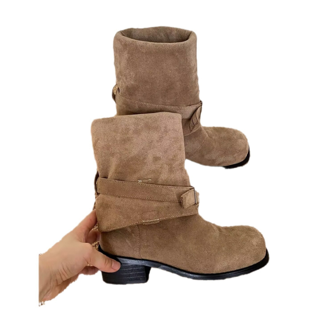 女性用スエード調ロングブーツ二通り履き防寒ベルト付