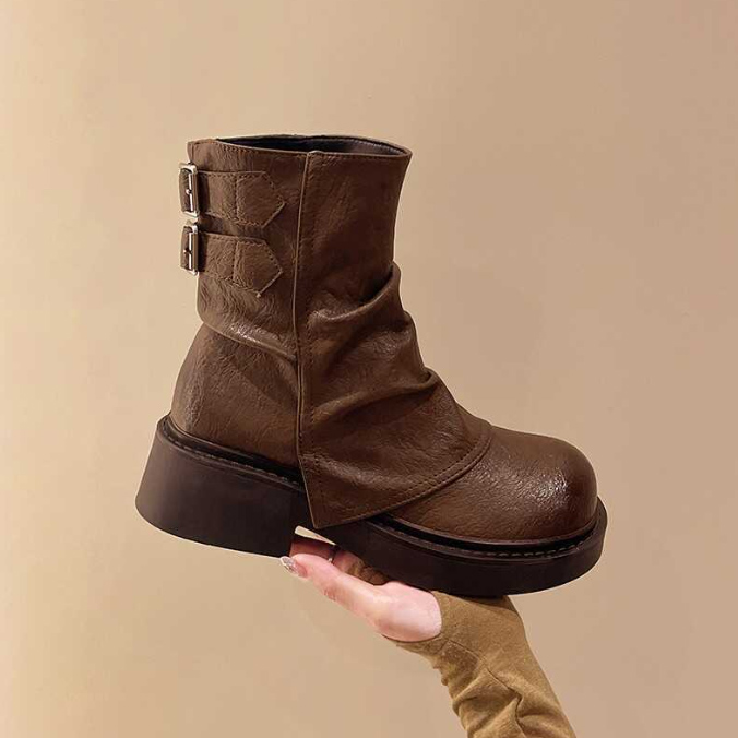 レディース くしゅくしゅ ショートブーツ 厚底 太ヒール