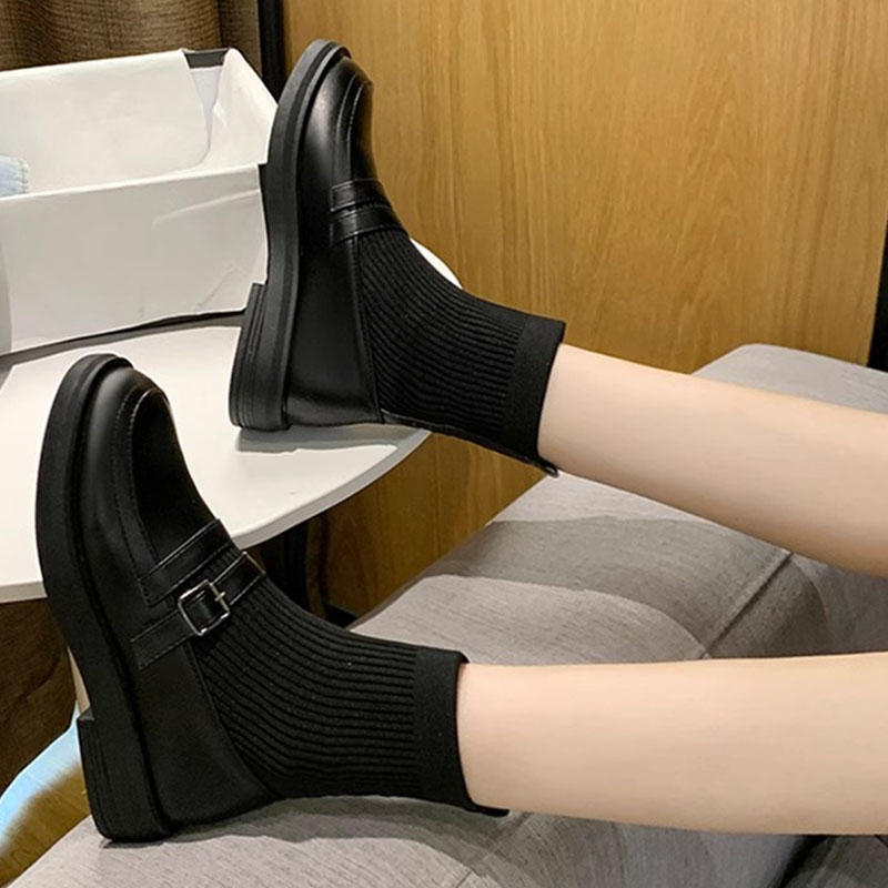 レディース ニット ソックスブーツ 黒 ベルト付き ローヒール