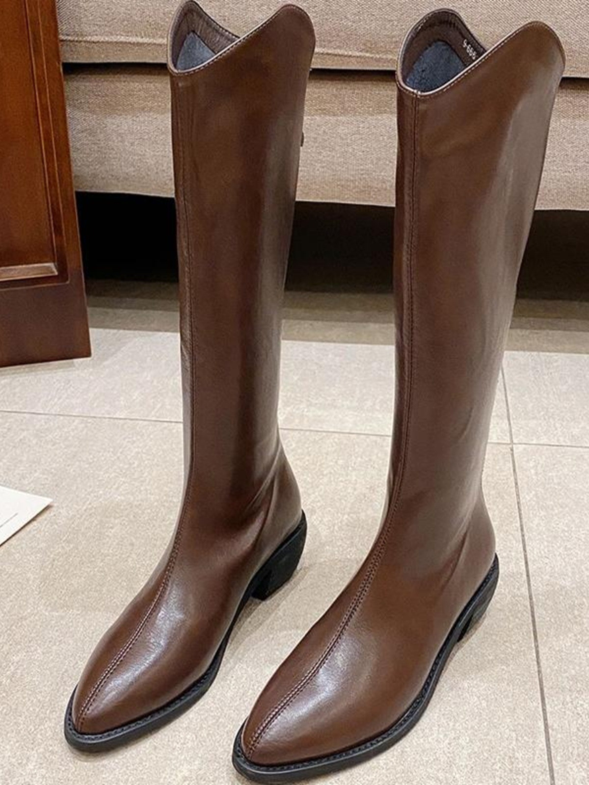 新作レディース革調ロングブーツ脚長効果低ヒール