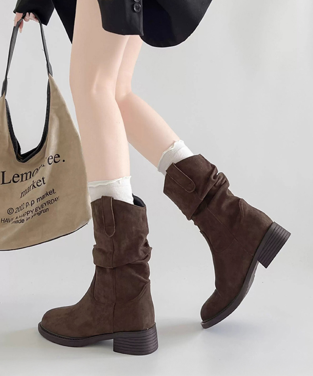 くしゅくしゅ太ヒール ミドル丈ウエスタンブーツ 