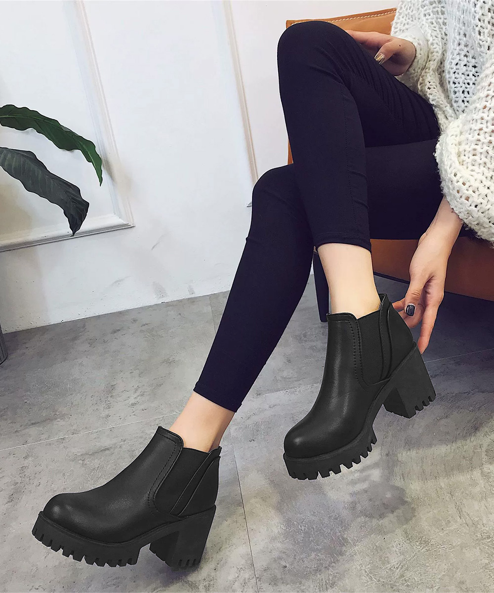 厚底サイドゴア太ヒールショートブーツ