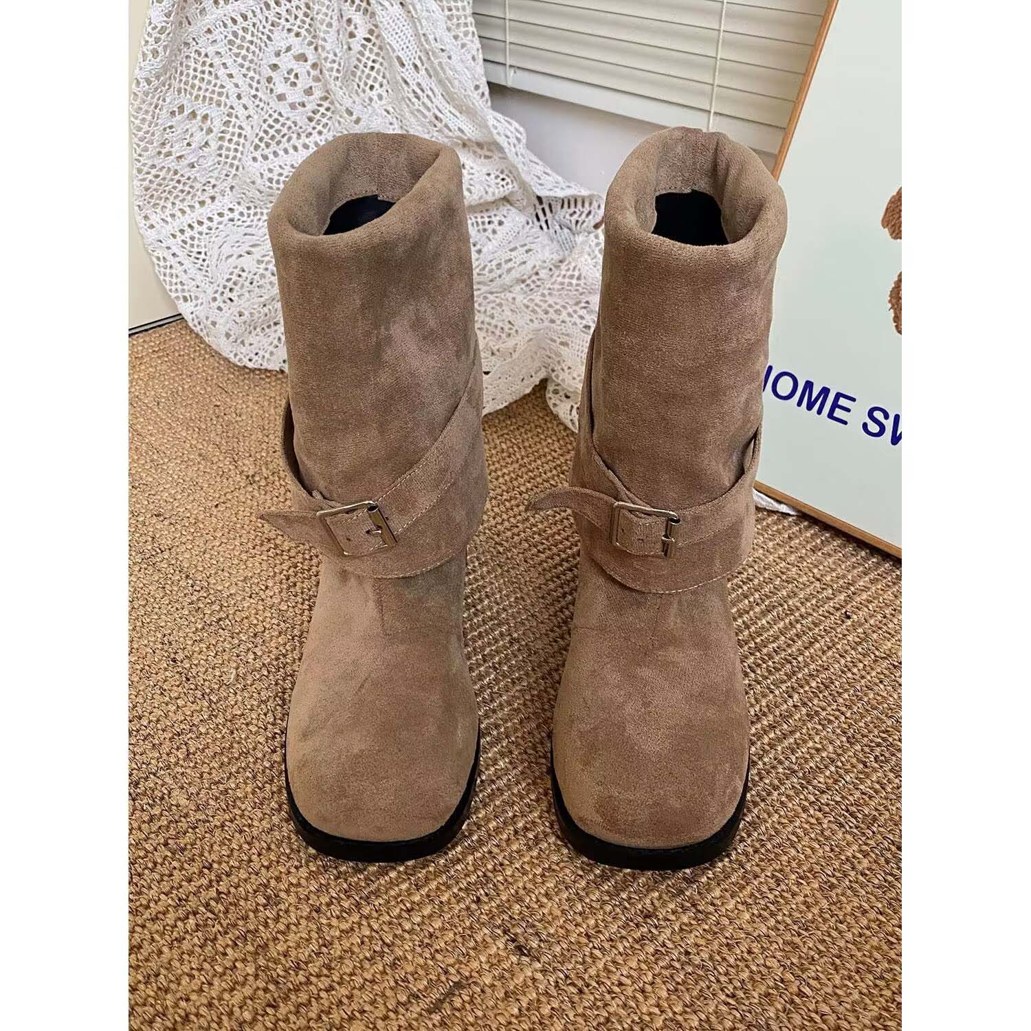 女性用スエード調ロングブーツ二通り履き防寒ベルト付