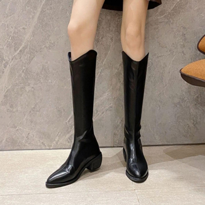 新作レディース革調ロングブーツ脚長効果低ヒール
