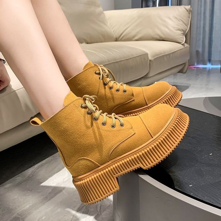 レディース厚底レースアップブーツ秋冬黄色