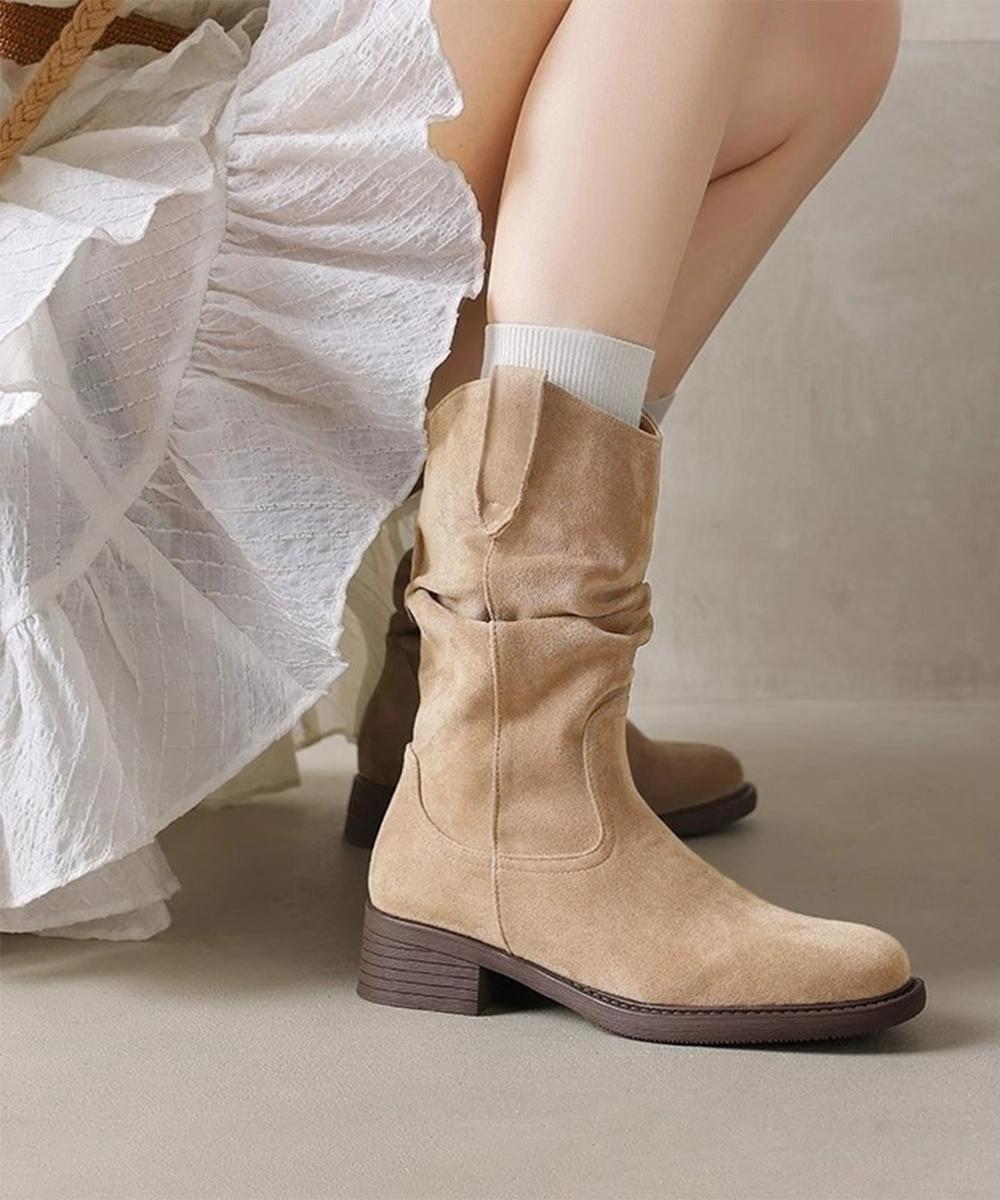 くしゅくしゅ太ヒール ミドル丈ウエスタンブーツ 