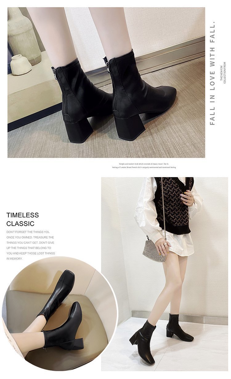 定番人気ショートブーツ太ヒール6センチ黒白