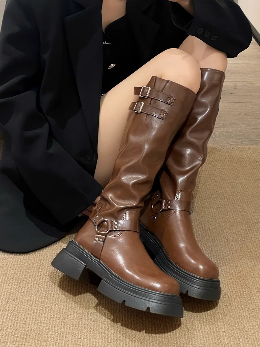 ブーツ ロング 厚底ベルトデザインロングブーツ