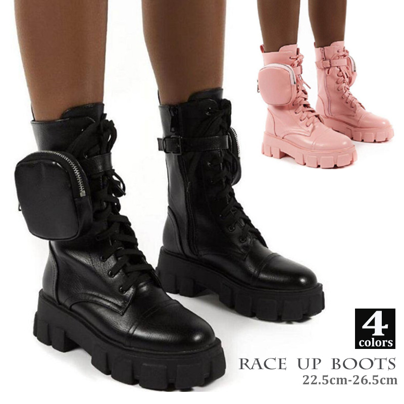 厚底編み上げブーツ レディース ショート丈 黒 小物入れ付き