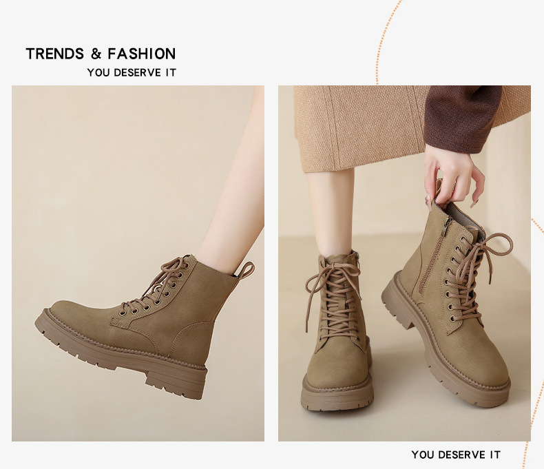 レディース編み上げブーツ秋冬定番カーキ黒茶色