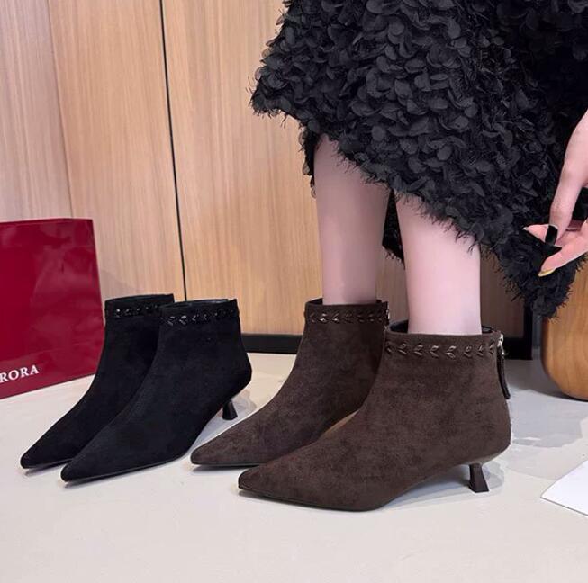 秋冬尖り先ショートブーツ裏起毛ハイヒール