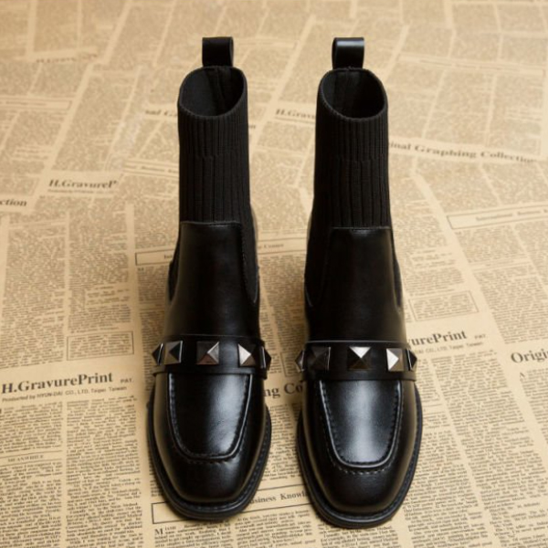 2024新作 レディース ソックスブーツ 黒 厚底 太ヒール ショートブーツ