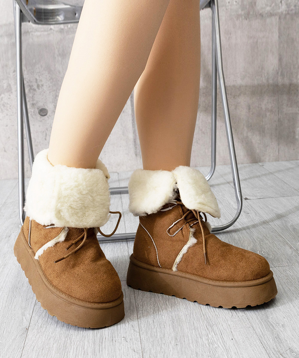 裏起毛ムートンブーツ 厚底レースアップ 防寒ブーツ