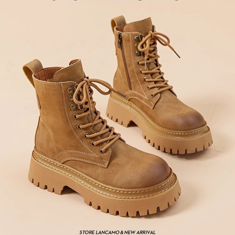 ブーツ サイドジップ編み上げ厚底ブーツ