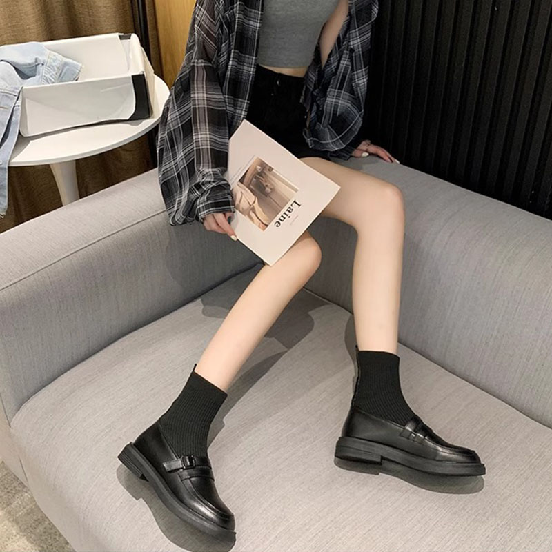 レディース ニット ソックスブーツ 黒 ベルト付き ローヒール