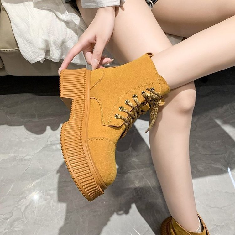 レディース厚底レースアップブーツ秋冬黄色