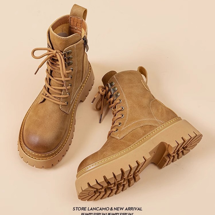 ブーツ サイドジップ編み上げ厚底ブーツ