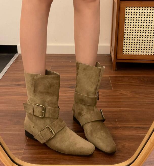 秋冬スエード調ショートブーツベルトストラップ付き