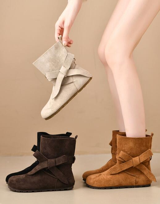 秋冬あったかショートブーツ フラット リボン付き