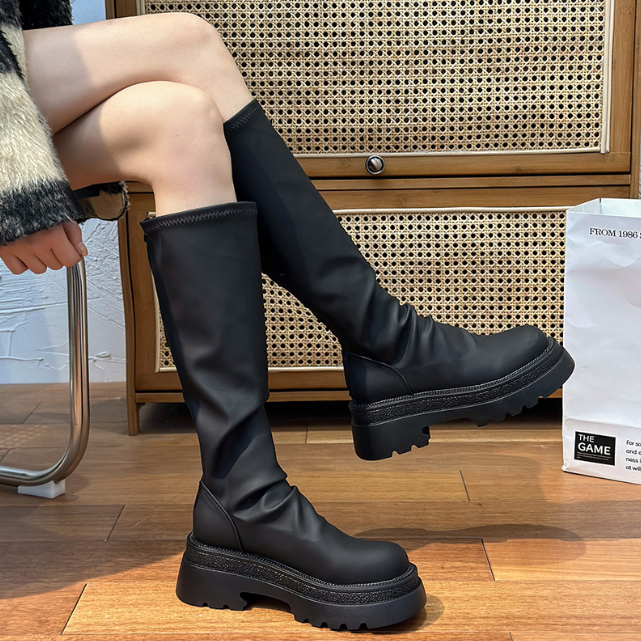 レディース ロングブーツ 厚底 バックジッパー 美脚効果