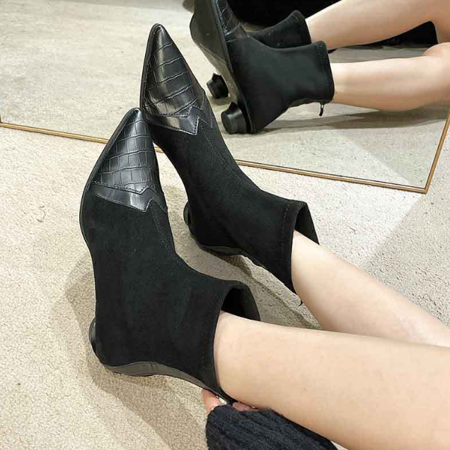 スエード調異素材ミックス尖頭ショートブーツ