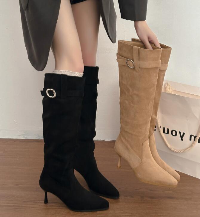秋冬ロング丈ブーツ ベルト付き細ヒール美脚靴