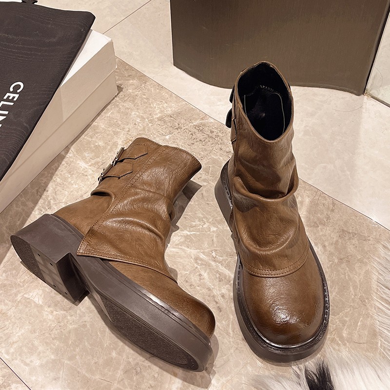 レディース くしゅくしゅ ショートブーツ 厚底 太ヒール