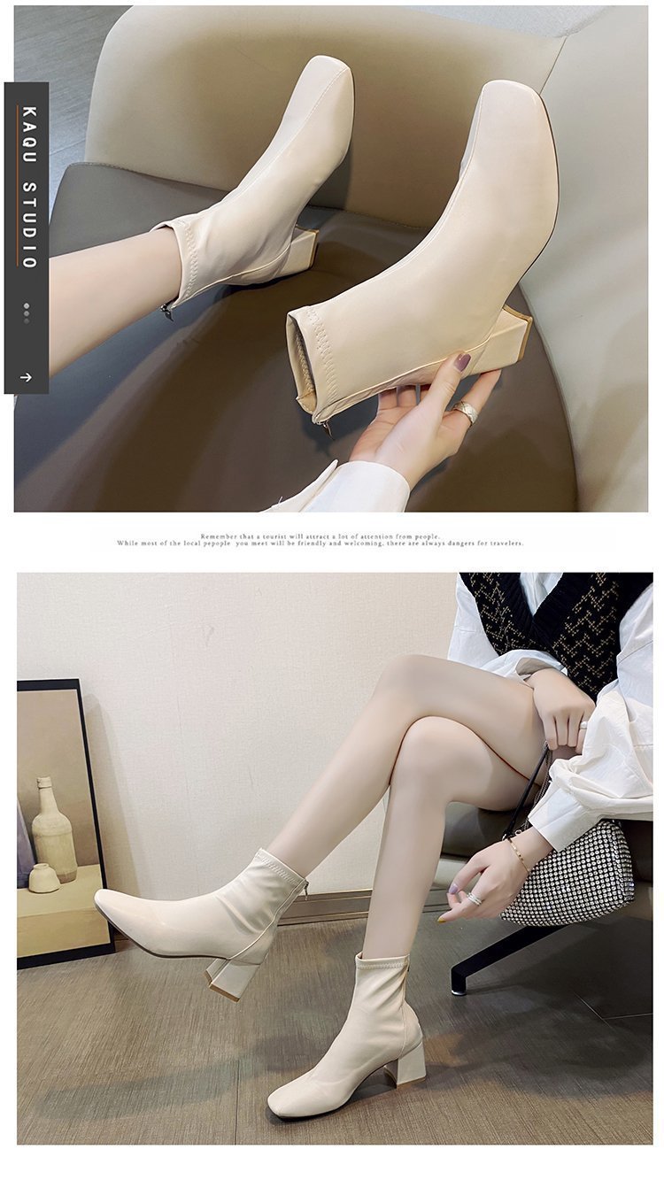 定番人気ショートブーツ太ヒール6センチ黒白