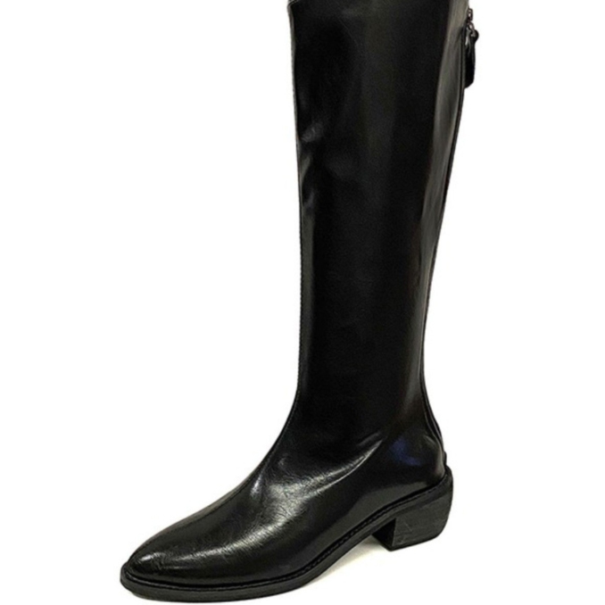 新作レディース革調ロングブーツ脚長効果低ヒール