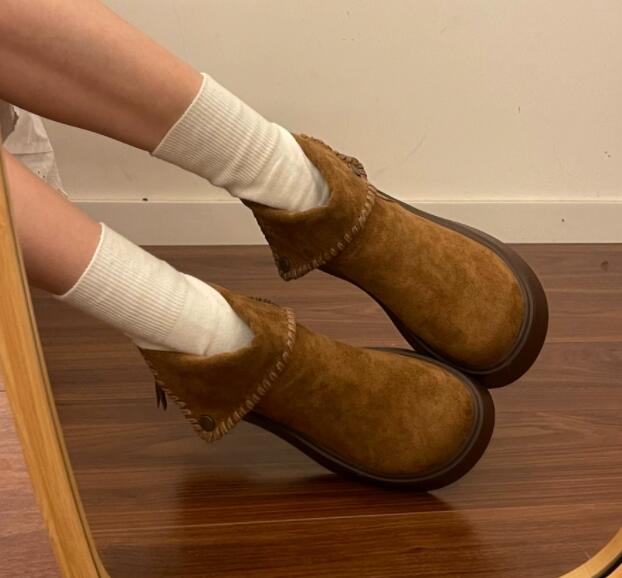 秋冬厚底ショートブーツ丸型つま先茶色