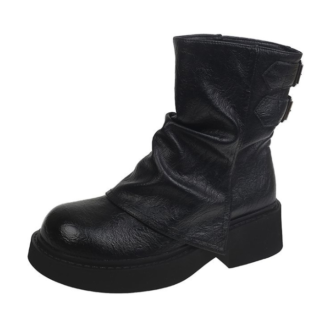 レディース くしゅくしゅ ショートブーツ 厚底 太ヒール