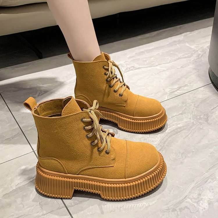 レディース厚底レースアップブーツ秋冬黄色