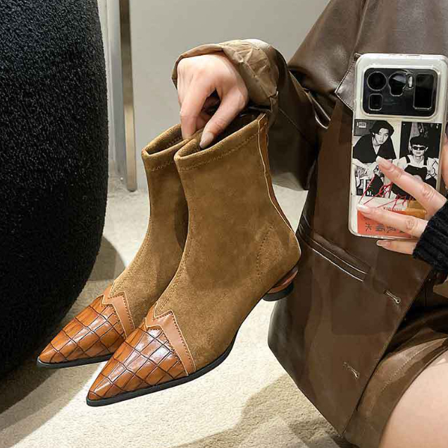 スエード調異素材ミックス尖頭ショートブーツ