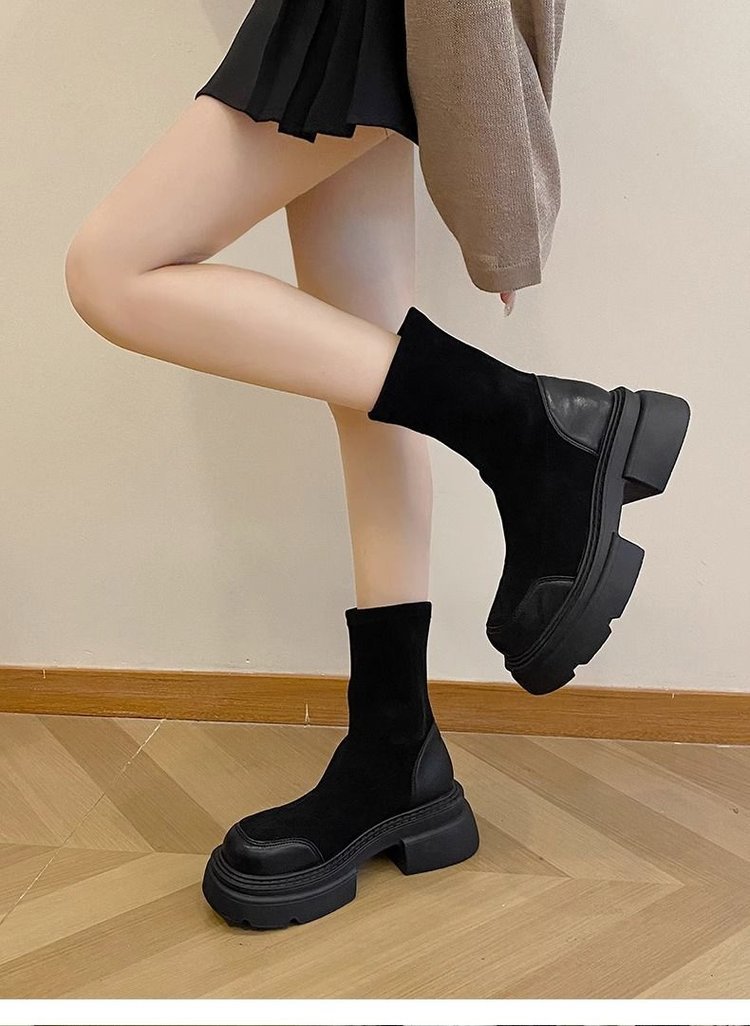 レディース厚底ショートブーツ太ヒール黒茶