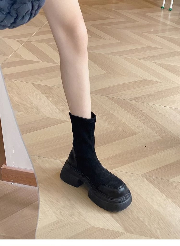 レディース厚底ショートブーツ太ヒール黒茶