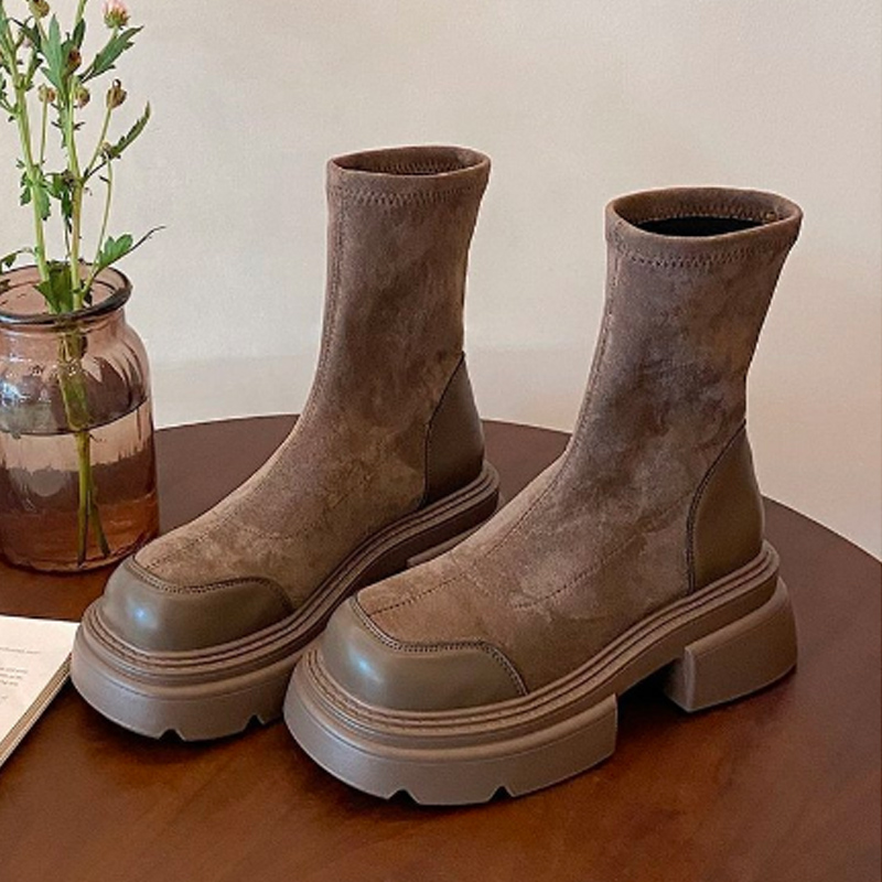 レディース厚底ショートブーツ太ヒール黒茶