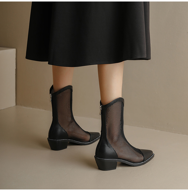 レディース 夏用メッシュブーツ チャンキーヒール 透け感デザイン