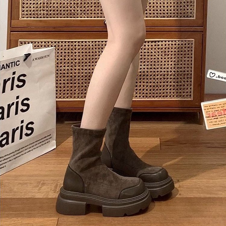 レディース厚底ショートブーツ太ヒール黒茶