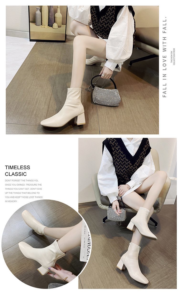 定番人気ショートブーツ太ヒール6センチ黒白