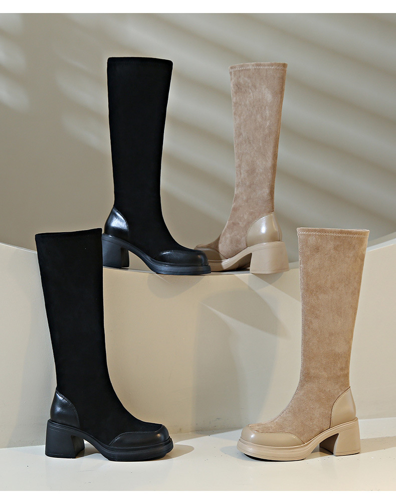 レディース厚底ロングブーツ脚長効果6センチヒール黒ベージュ