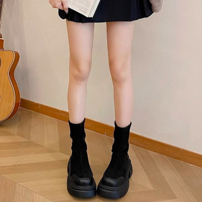 レディース厚底ショートブーツ太ヒール黒茶