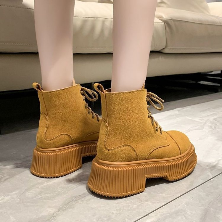 レディース厚底レースアップブーツ秋冬黄色